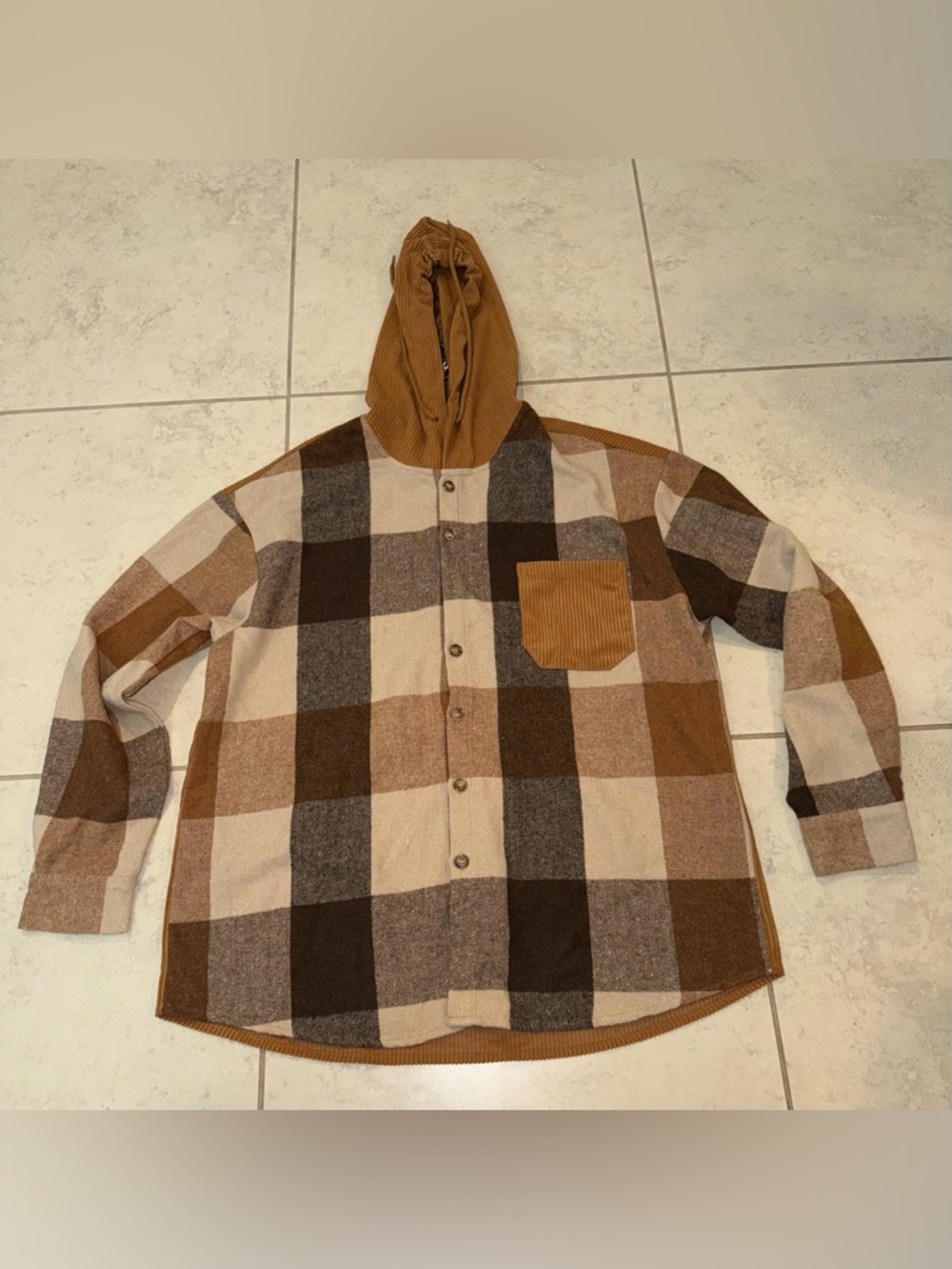 NWT Hoooyi Corduroy Plaid Patchwork Hooded Shacket - Size Large